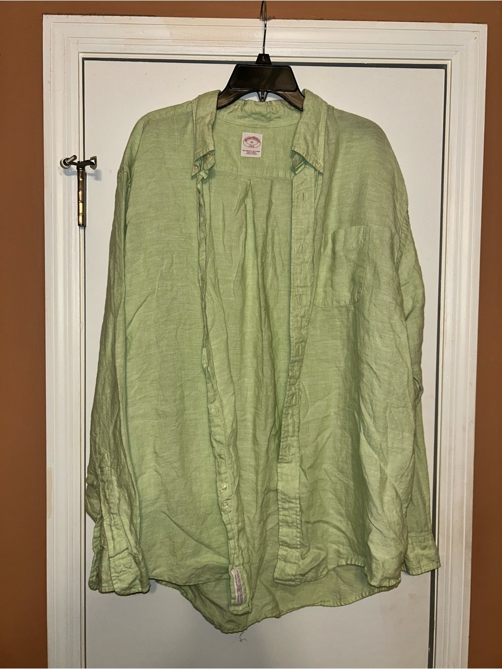 Brooks Brothers 346 100% Linen Button Down Shirt XL Green Long Sleeve